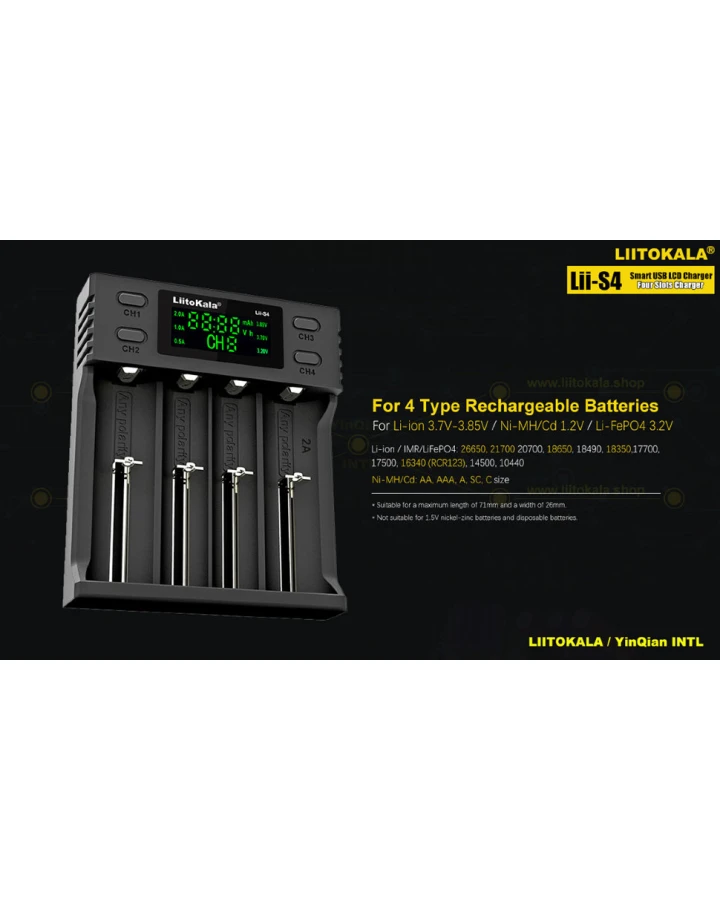 Зарядний пристрій Liitokala Lii-S4, 4 канала, Ni-Mh/Li-ion/LiFePo4, USB, LCD, Box