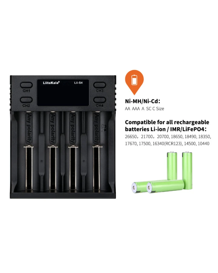Зарядний пристрій Liitokala Lii-S4, 4 канала, Ni-Mh/Li-ion/LiFePo4, USB, LCD, Box