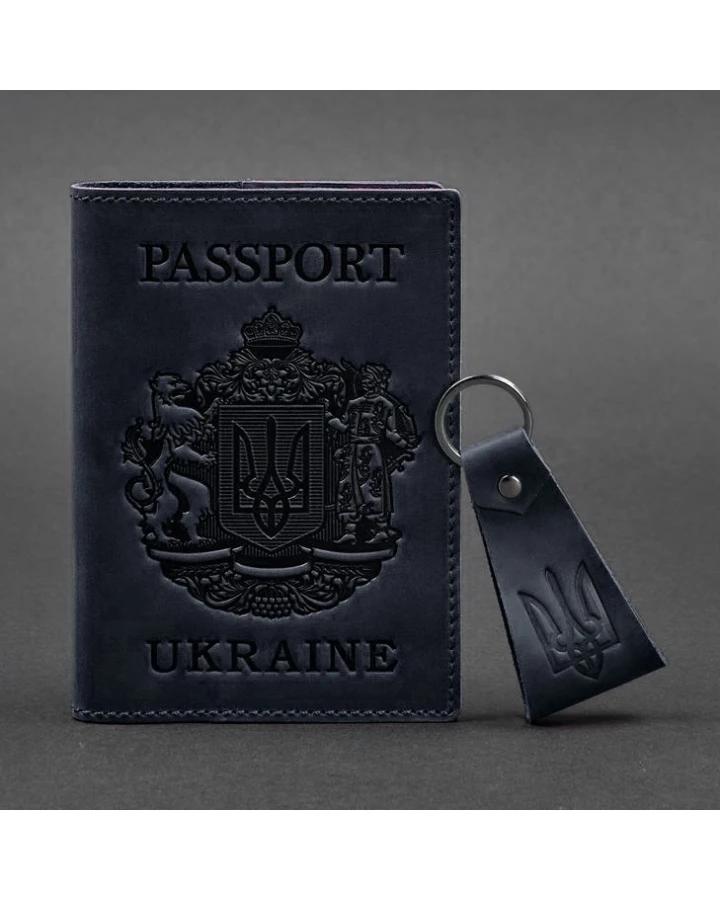 Подарунковий набір BlankNote шкіряних аксесуарів з українською символікою темно-синій