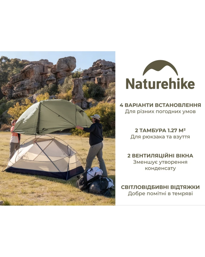 Намет надлегкий двомісний Naturehike Mongar Hiking Tent Pro CNK2550WS037, 20D, зелений