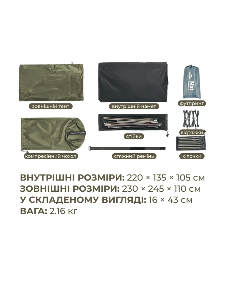 Намет надлегкий двомісний Naturehike Mongar Hiking Tent Pro CNK2550WS037, 20D, зелений