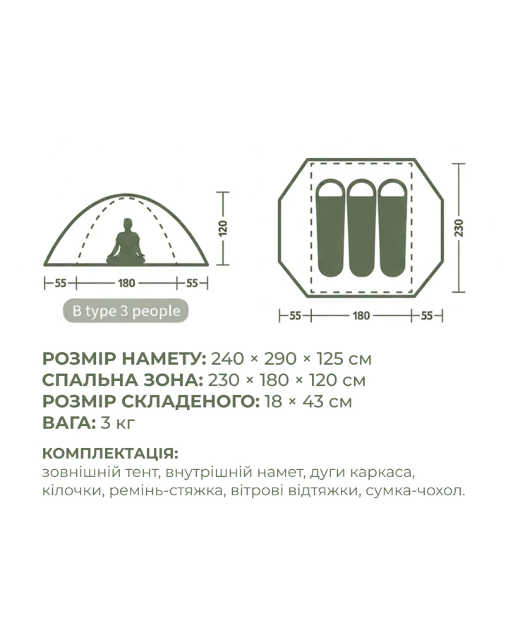 Намет тримісний Naturehike Bleik Series Tent CNK2550WS038, зелений (6977465863492)