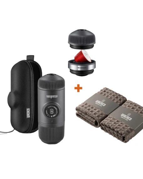 Набір Wacaco Nanopresso: кавоварка, адаптер для капсул та рушники бариста